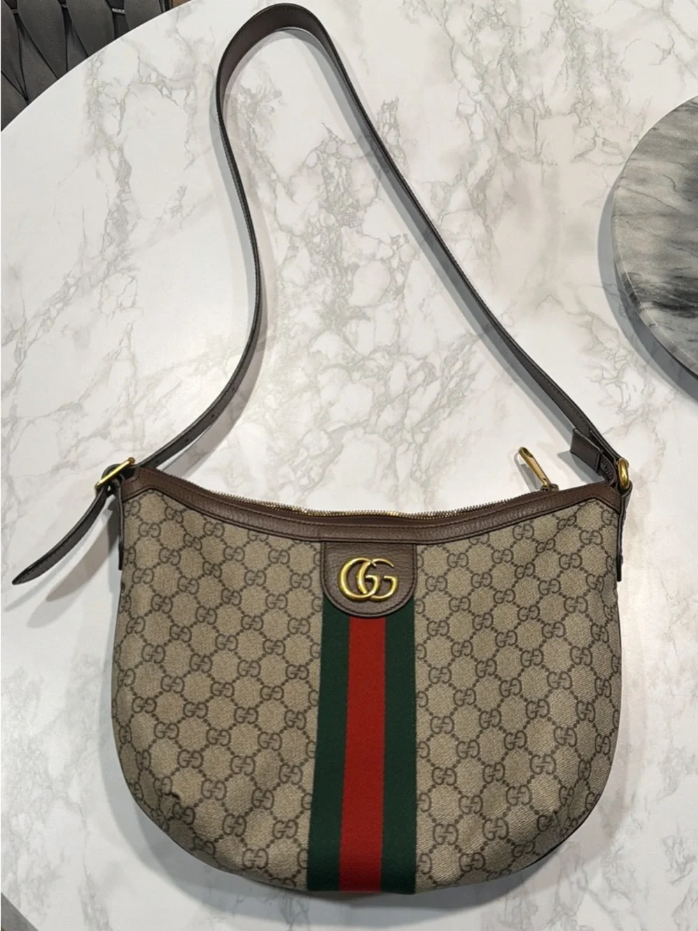Gucci GG Supreme Monogram Web Small Ophidia Half Moon Hobo Brown
